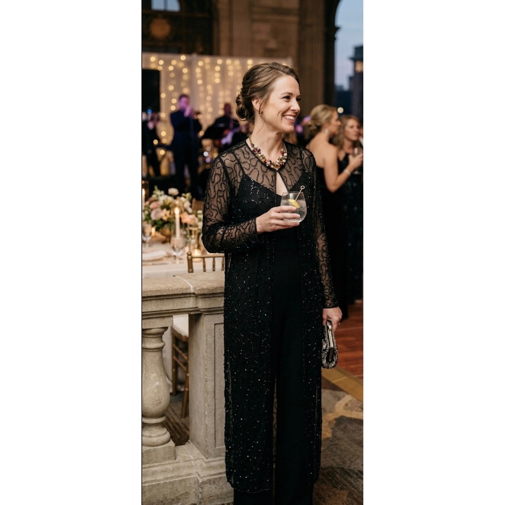 JMD‎ NY Black Mesh Sequins and Beads Long Coat Dressy Duster Cardigan L
